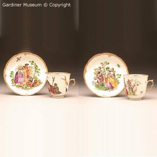 Pair of coffee cups and saucers painted by F.F.Mayer of Pressnitz