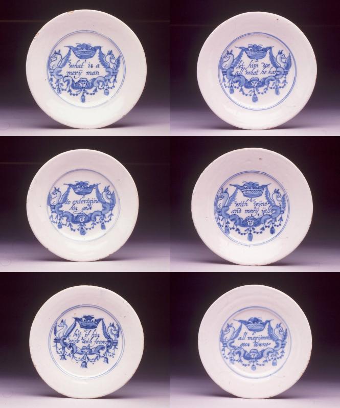 Set of six plates with 'merry man' inscription