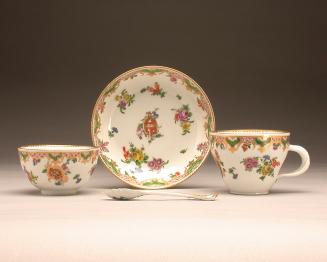 Armorial teacup, coffee cup, spoon and saucer from the Ludlow Service