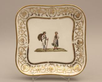 Square-shaped dishes with figures in Swiss folk costume