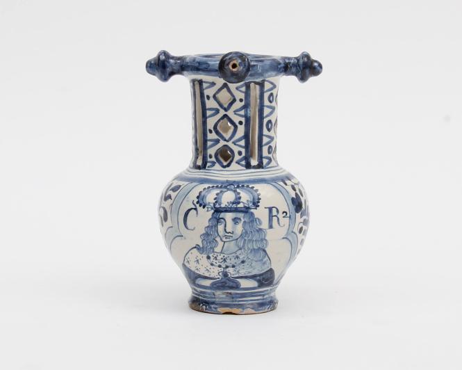 Puzzle jug commemorating Charles II (r. 1660-1685)