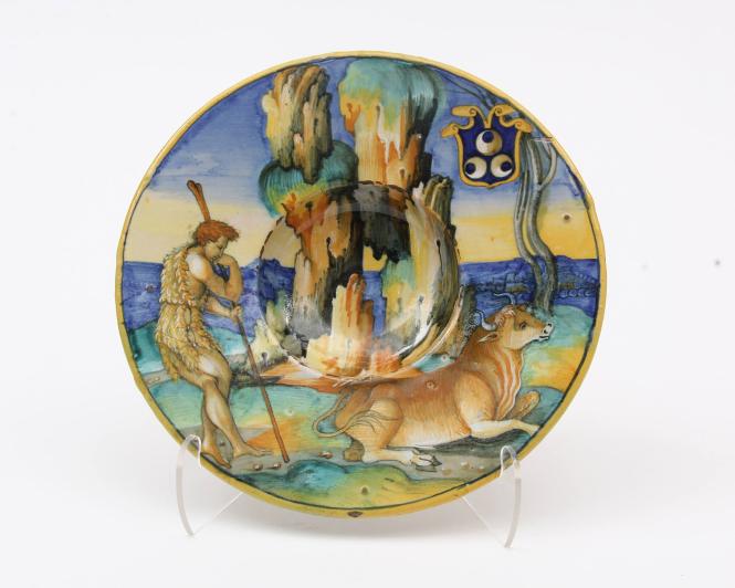 Broad-rimmed dish (Tondino) with a cowherd, perhaps Cadmus