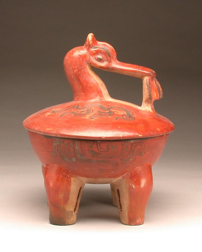 Water bird effigy lidded tripod vessel