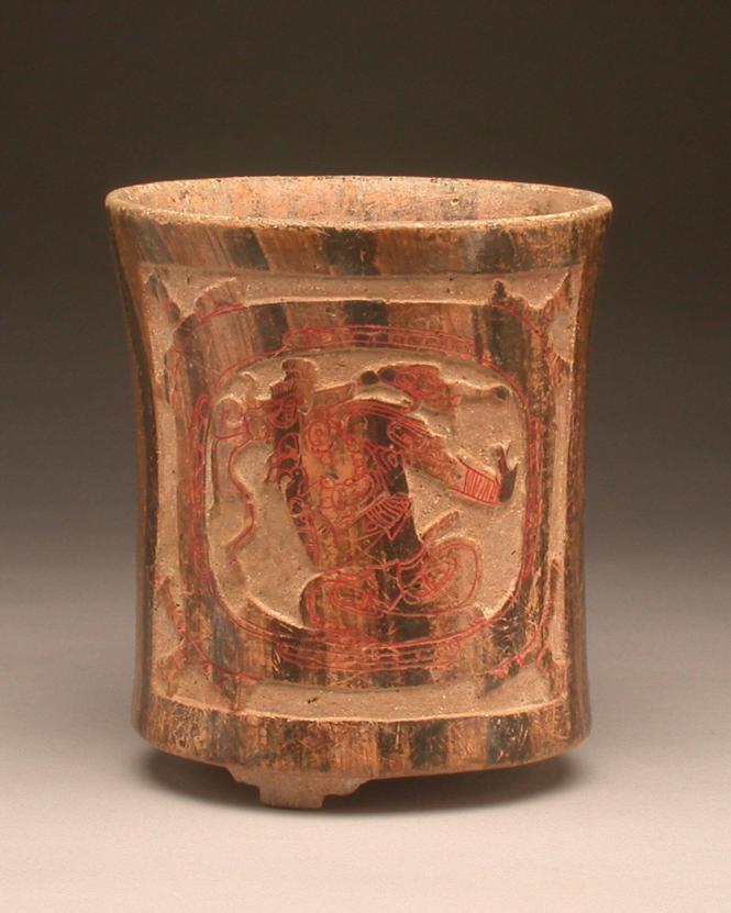 Tripod cylinder vase with carved panels