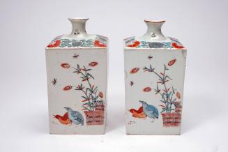 Pair of Kakiemon square bottles with banded hedge and quail design