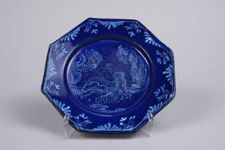 Octagonal Bleu Persan Plate with Chinoiserie Decoration