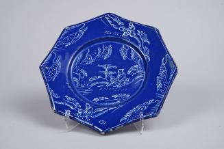 Octagonal Bleu Persan Plate with Chinoiserie Decoration