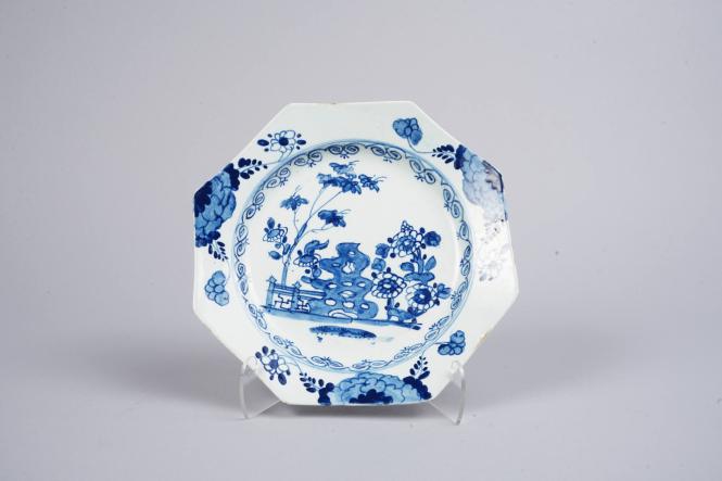 Octagonal Dish with Flowering Shurbs and Fence